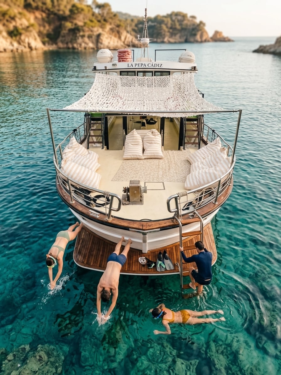 Amigos saltando desde la popa del Atlantis para hacer snorkel · Costa Brava