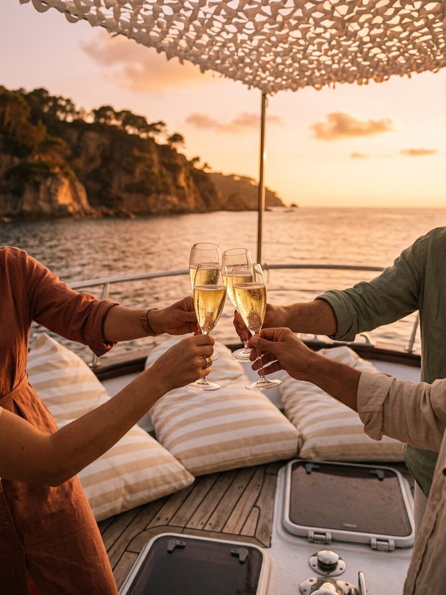 Brindis con cava al atardecer en la popa del Atlantis · Costa Brava