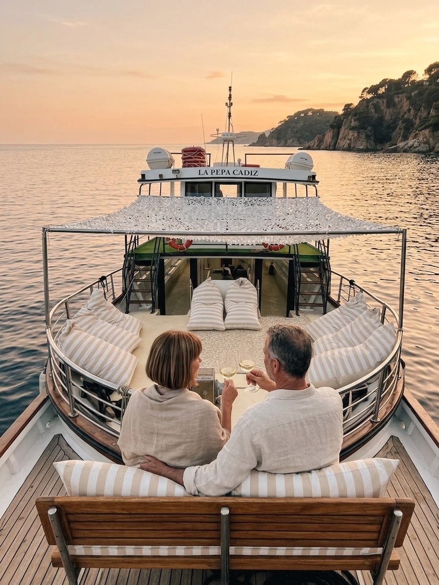 Pareja con copas de vino al atardecer en la popa del Atlantis · Costa Brava