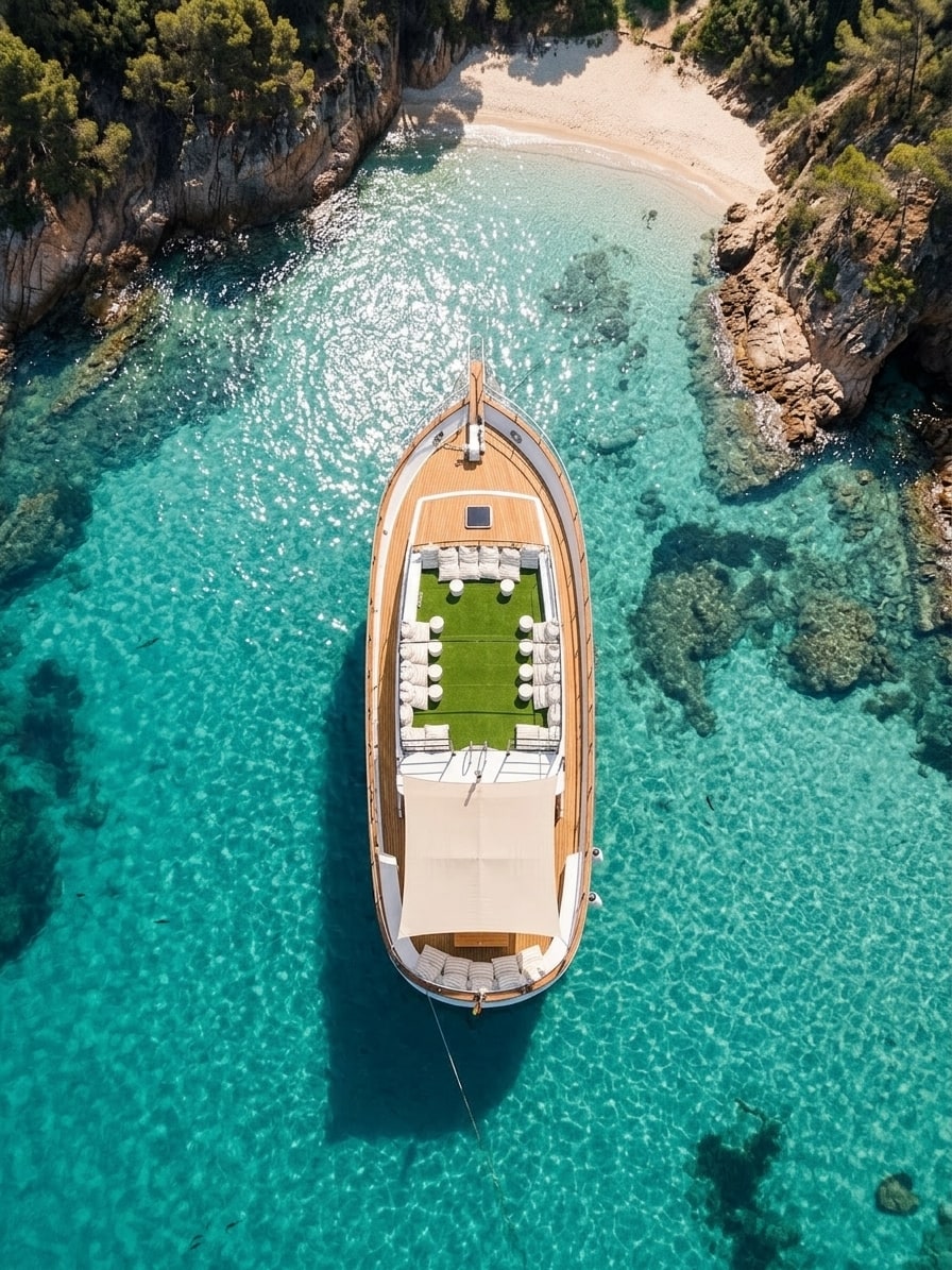 Vista aérea drone del Atlantis en cala turquesa de la Costa Brava